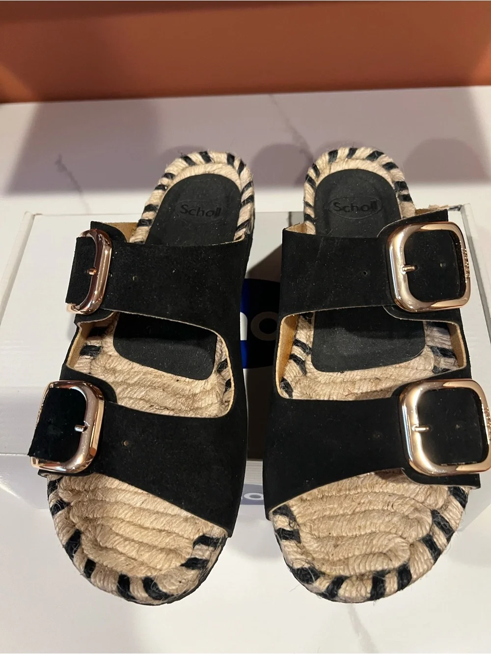 Dr. Scholl's Black Espadrille Wedge Sandals with Gold Buckles